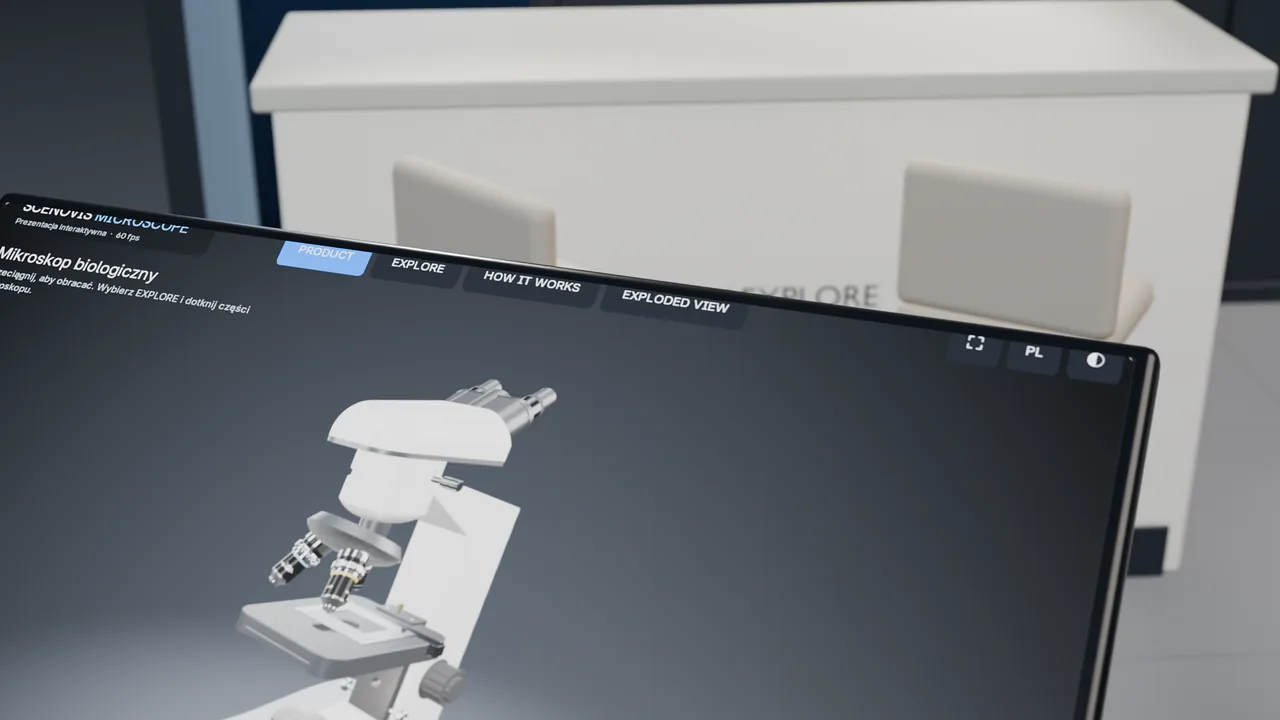 Touch kiosk with an interactive 3D microscope presentation at an exhibition stand