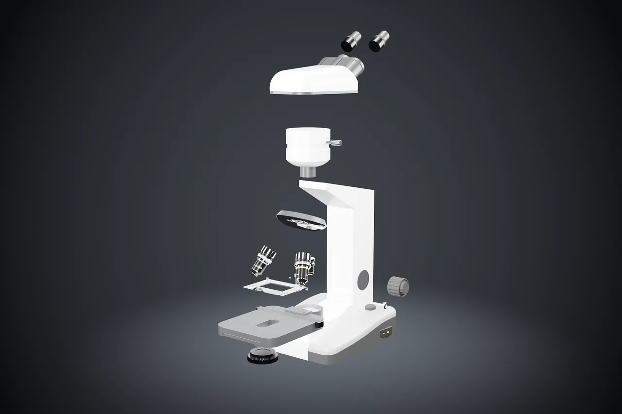 Exploded view of a microscope: head, eyepieces, column, stage and objectives spread out in space