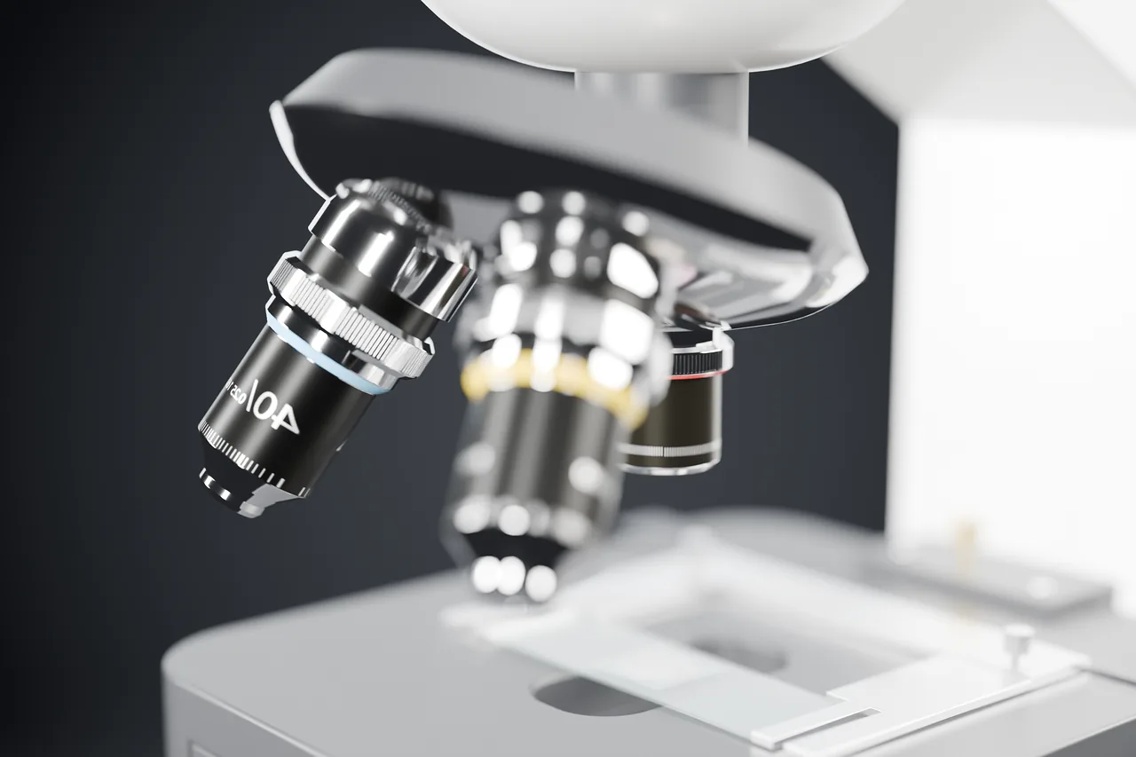 Close-up of the microscope objective turret — 3D render with depth of field