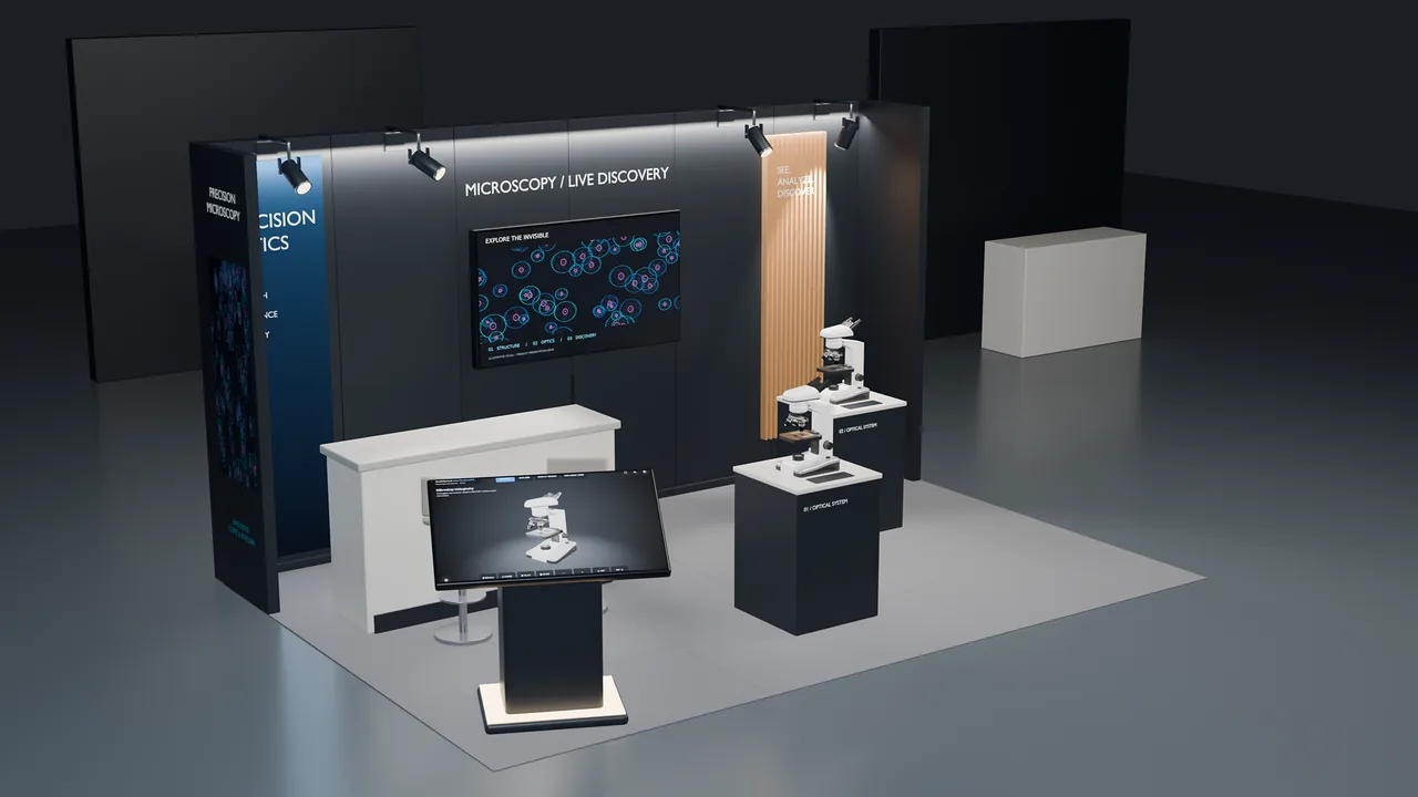 3D render of an exhibition stand with microscopes, a screen and a touch kiosk — Scenovis demo project