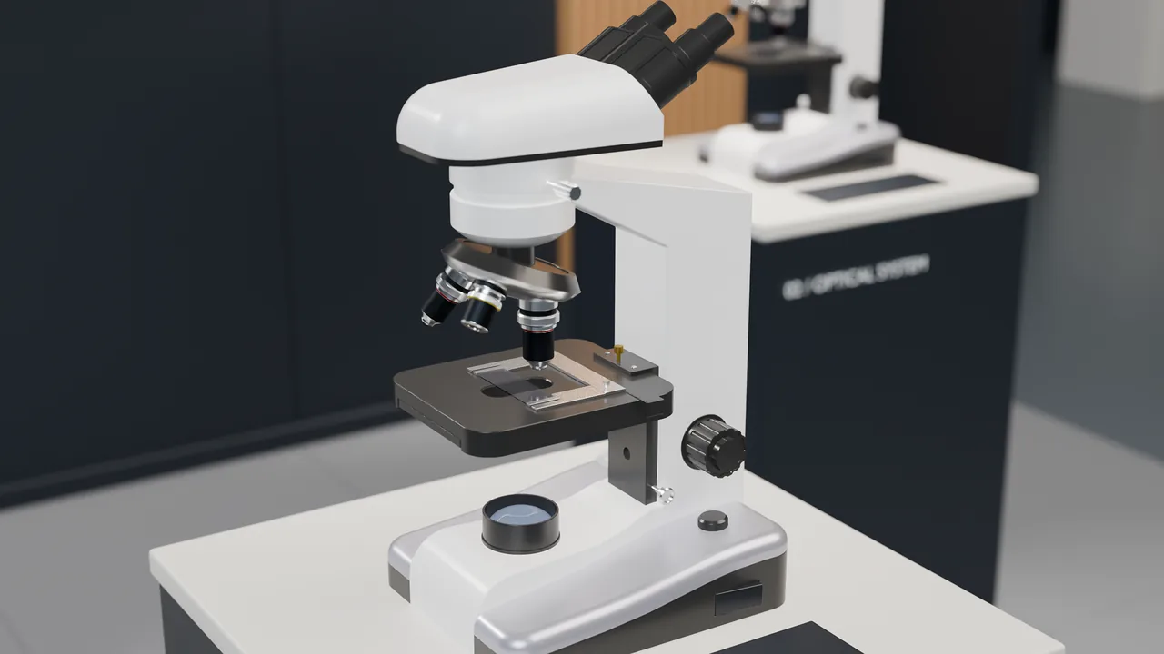 Microscope on a demo station at an exhibition stand — 3D render