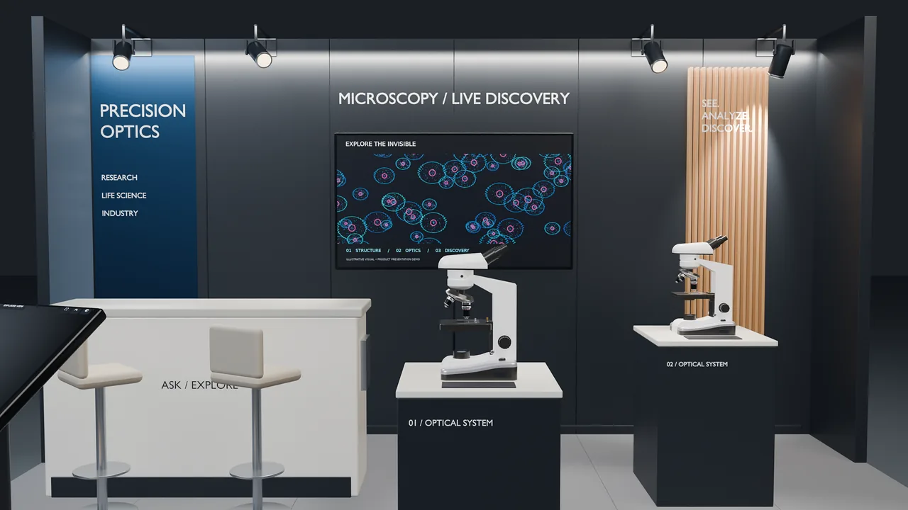 Exhibition stand from a visitor’s perspective: counter, screen and two microscope stations
